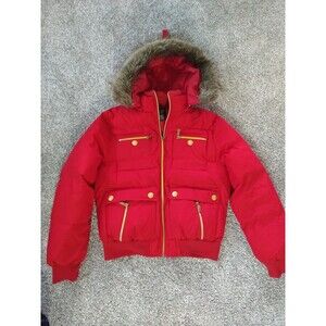 Puffer Coat Jacket Women's XL Red Fur Hood Y2K Gold Zipper Members Property